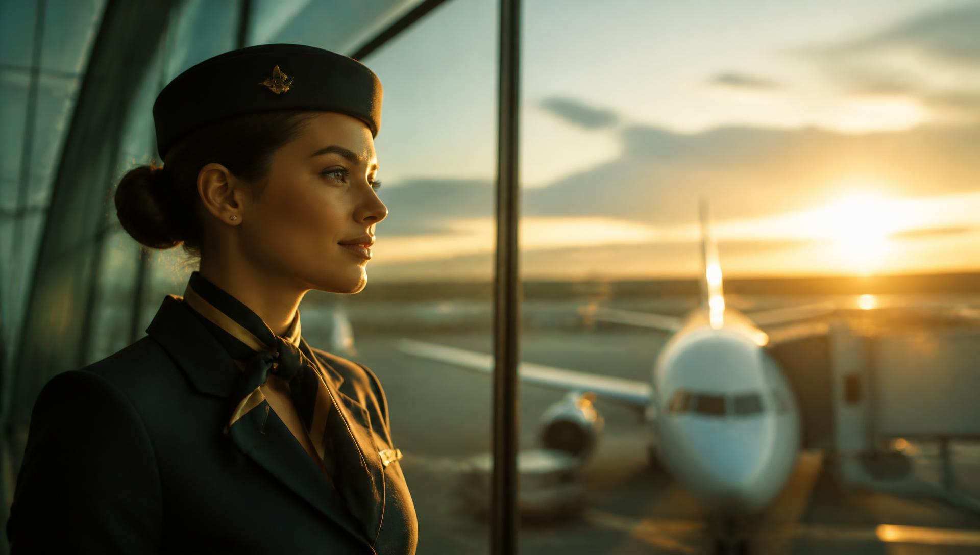 Cabin crew member kijkt uit over het platform bij zonsopgang